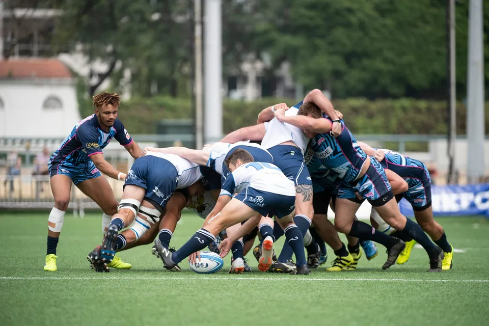 Forwards bind in a tight scrum with the ball at their feet as OSOB play Irish Vikings in 2019