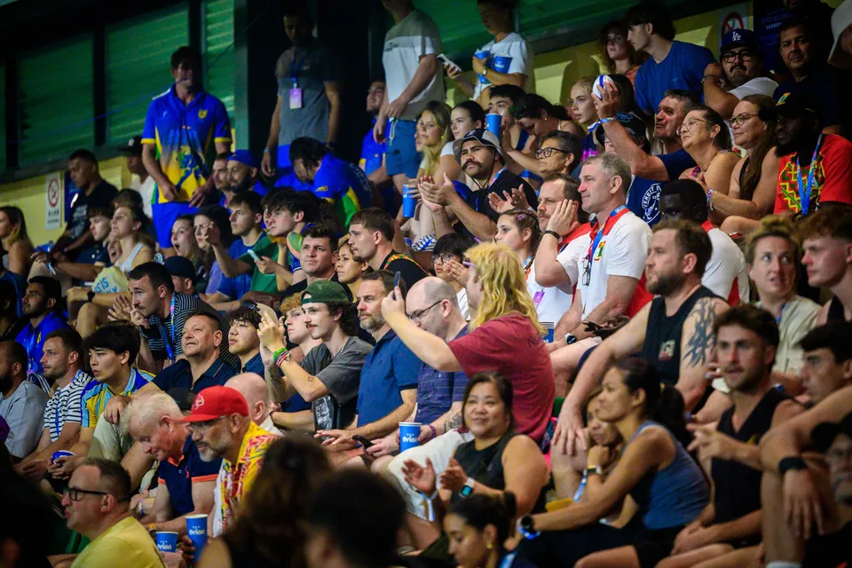 Close view of a dense crowd of spectators packed in the stand watching play at the 2026 HKFC 10s